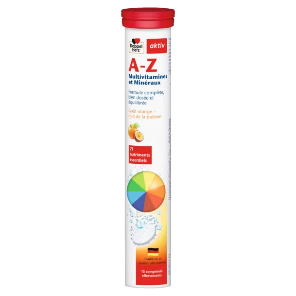 DOPPELHERZ AKTIV A-Z MULTIVITAMINES ET MINERAUX GOUT ORANGE FRUIT DE PASSION 15 COMPRIMES